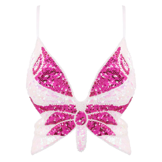 Mocure Womens Sparkly Butterfly Sequin Crop Tops Sexy Trendy Sleeveless Cute Butterfly Halter Tops Rave Wrap Tube Vest Top for Belly Dance Costume Outfits