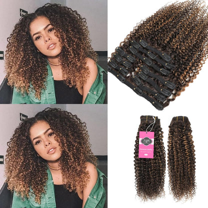 YAMI Kinky Curly Clip in Hair Extensions Clips Triple Weft Brazilian Remy Human Hair 3C 4A Curly Clip in Extensions Afro Kinky Curly Clip ins (P4/30 16inch)