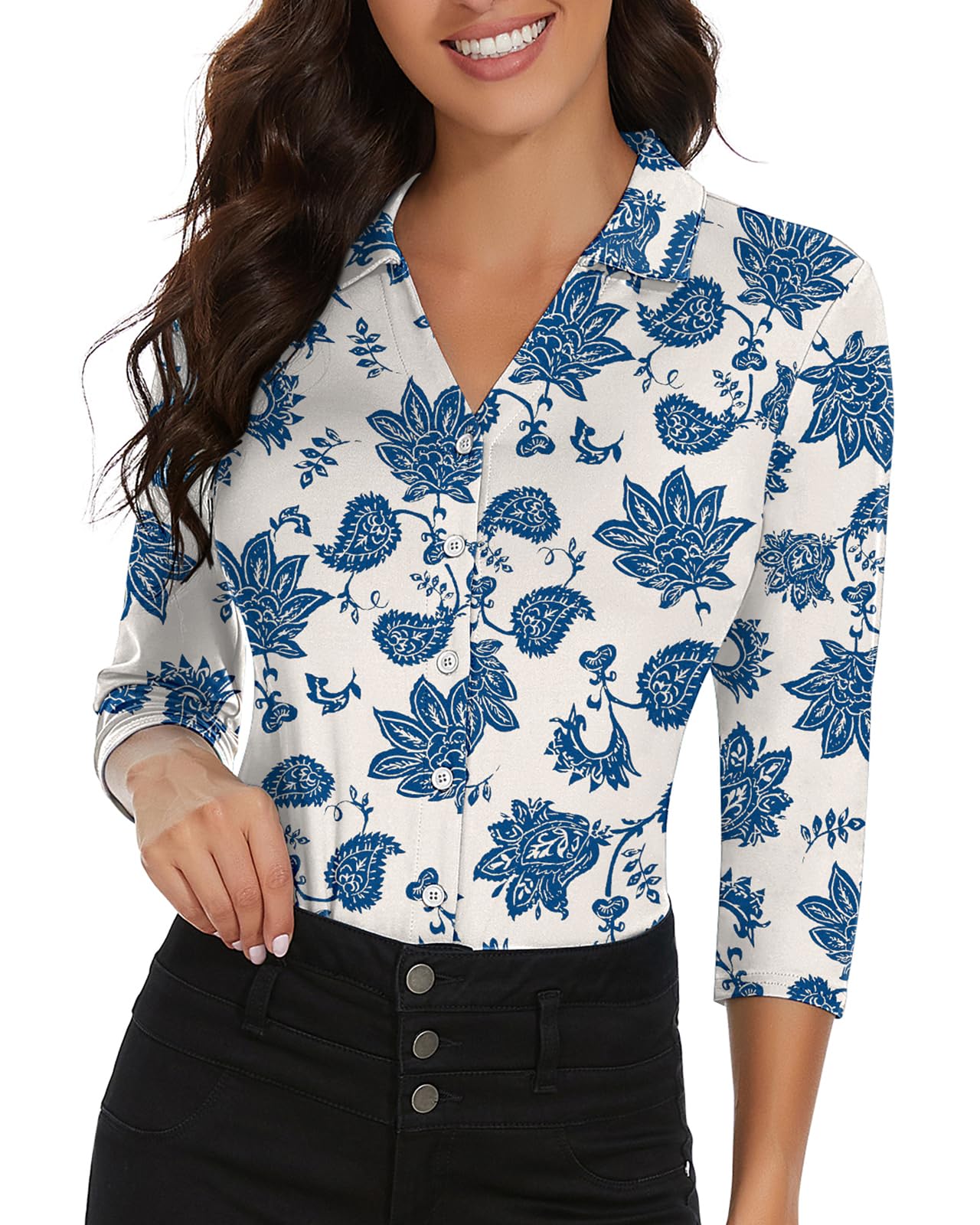 Soneven Womens 3/4 Sleeve Golf Shirts Long Sleeve V Neck Button Down Polo Shirts Business Causal Work Blouses Tops
