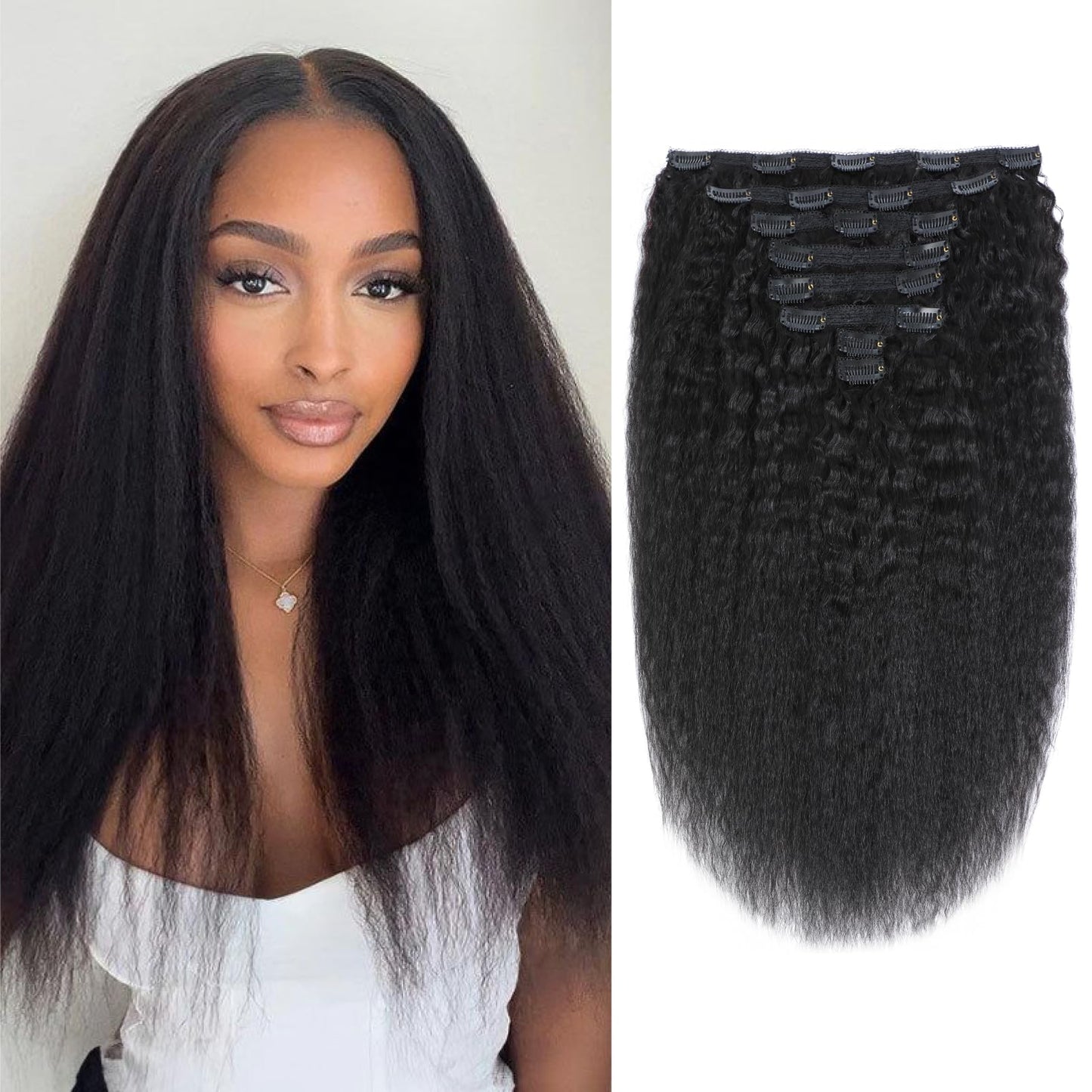 Geogroket Kinky Straight Clip in Hair Extensions for Women Kinky Straight Clip ins Yaki Straight Clip ins 8pcs 120g/set Full Head Brazilian Remy Human Hair Natural Black Color 24 Inch