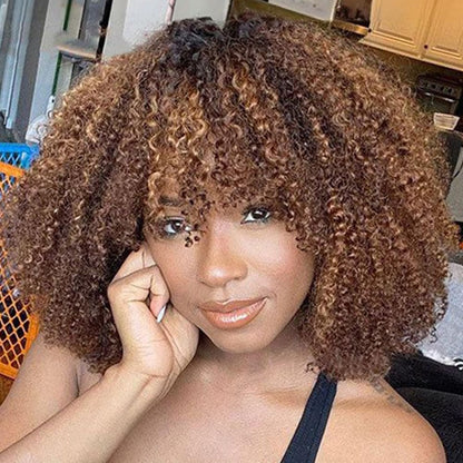 JOEDIR HAIR Short Kinky Curly Wig with Bangs Human Hair for Black Women Short Curly Bang Wig 250% Density Curly Bob Glueless Wig (Highlight Brown 12 inch)