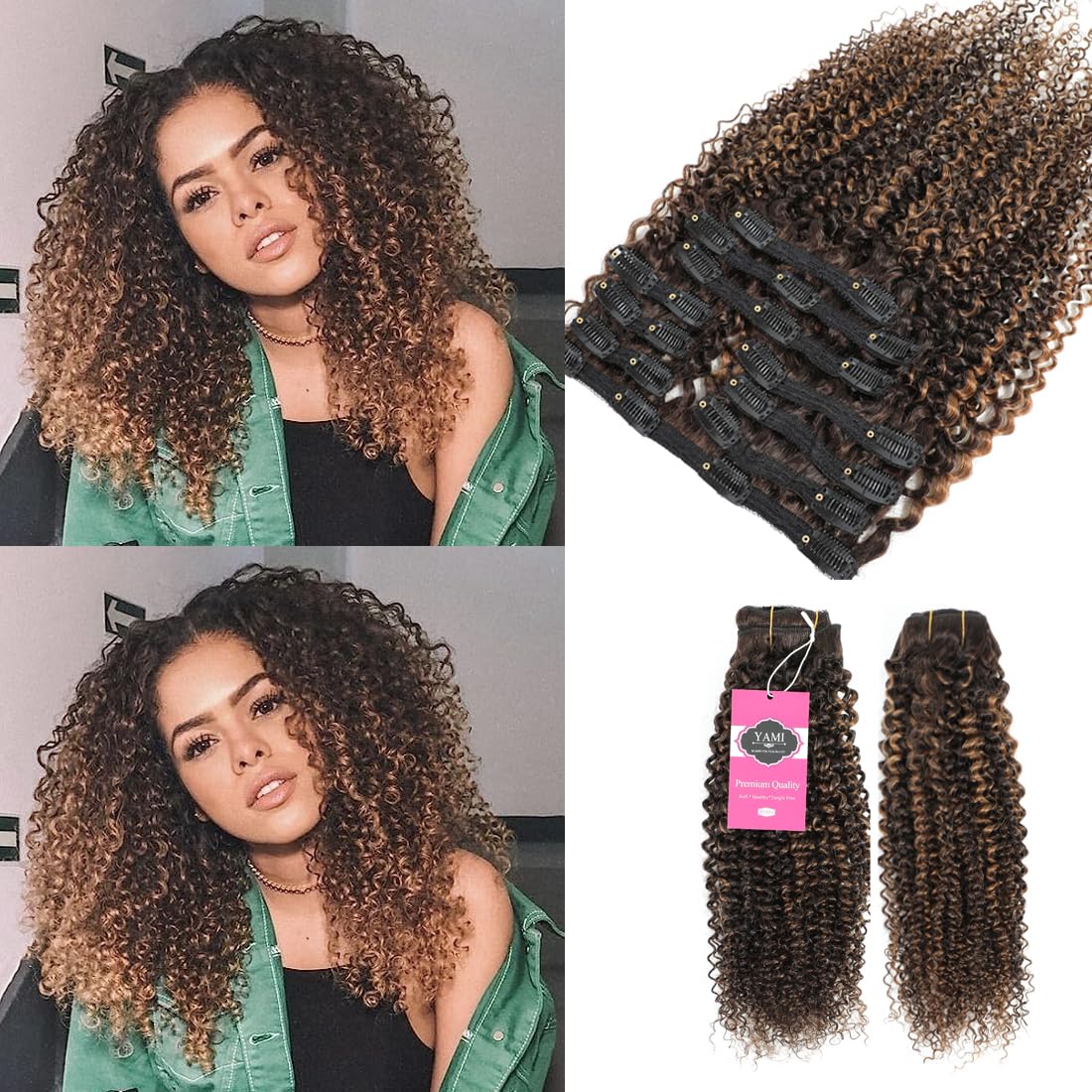 YAMI Kinky Curly Clip in Hair Extensions Clips Triple Weft Brazilian Remy Human Hair 3C 4A Curly Clip in Extensions Afro Kinky Curly Clip ins (P4/30 16inch)