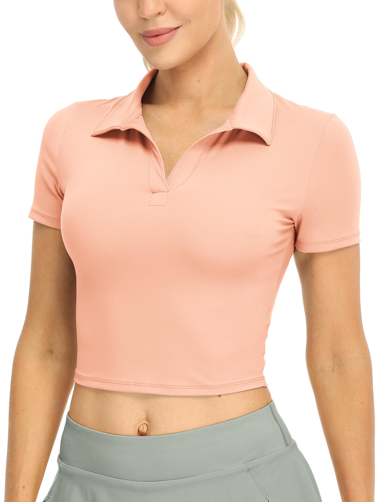 icyzone Womens Cropped Short Sleeve Polo Shirts for Workout Golf Tennis (Pink L)