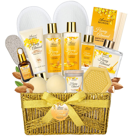 Spa Bath Gift Basket Honey Almond Scented Bath Set Pamper Gifts for Women & Teens 15 Pcs Relaxing Home Spa Kit with Bubble Bath Bath Salts Body Lotion