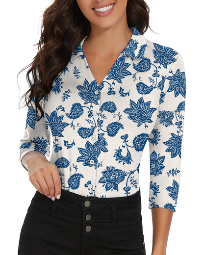 Soneven Womens 3/4 Sleeve Golf Shirts Long Sleeve V Neck Button Down Polo Shirts Business Causal Work Blouses Tops