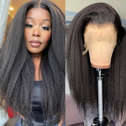 LANHEUNI 22 Inch Kinky Yaki Straight Lace Front Wigs Human Hair Kinky Straight 13x4 HD Transparent Human Hair Lace Front Wigs for Women 180% Density