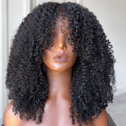 Meadow hair Full 200 Density Afro Kinky Curly Human Hair Wig With Bang Brazilian Virgin Afro Coily Wigs Bangs For Black Women Machine Scalp Top Wig Glueless 22inch