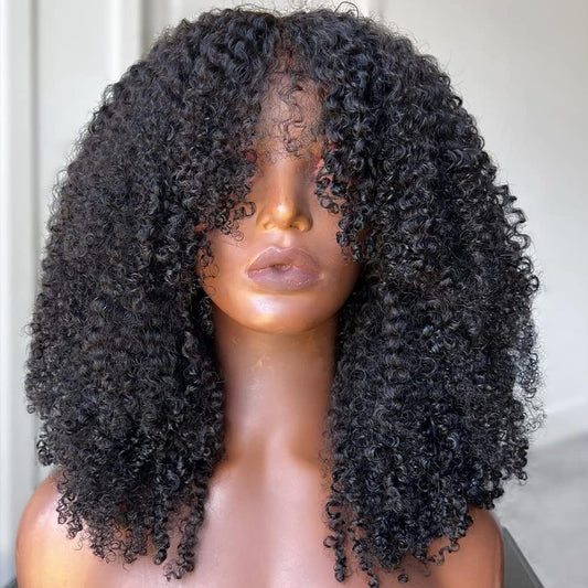 Meadow hair Full 200 Density Afro Kinky Curly Human Hair Wig With Bang Brazilian Virgin Afro Coily Wigs Bangs For Black Women Machine Scalp Top Wig Glueless 22inch